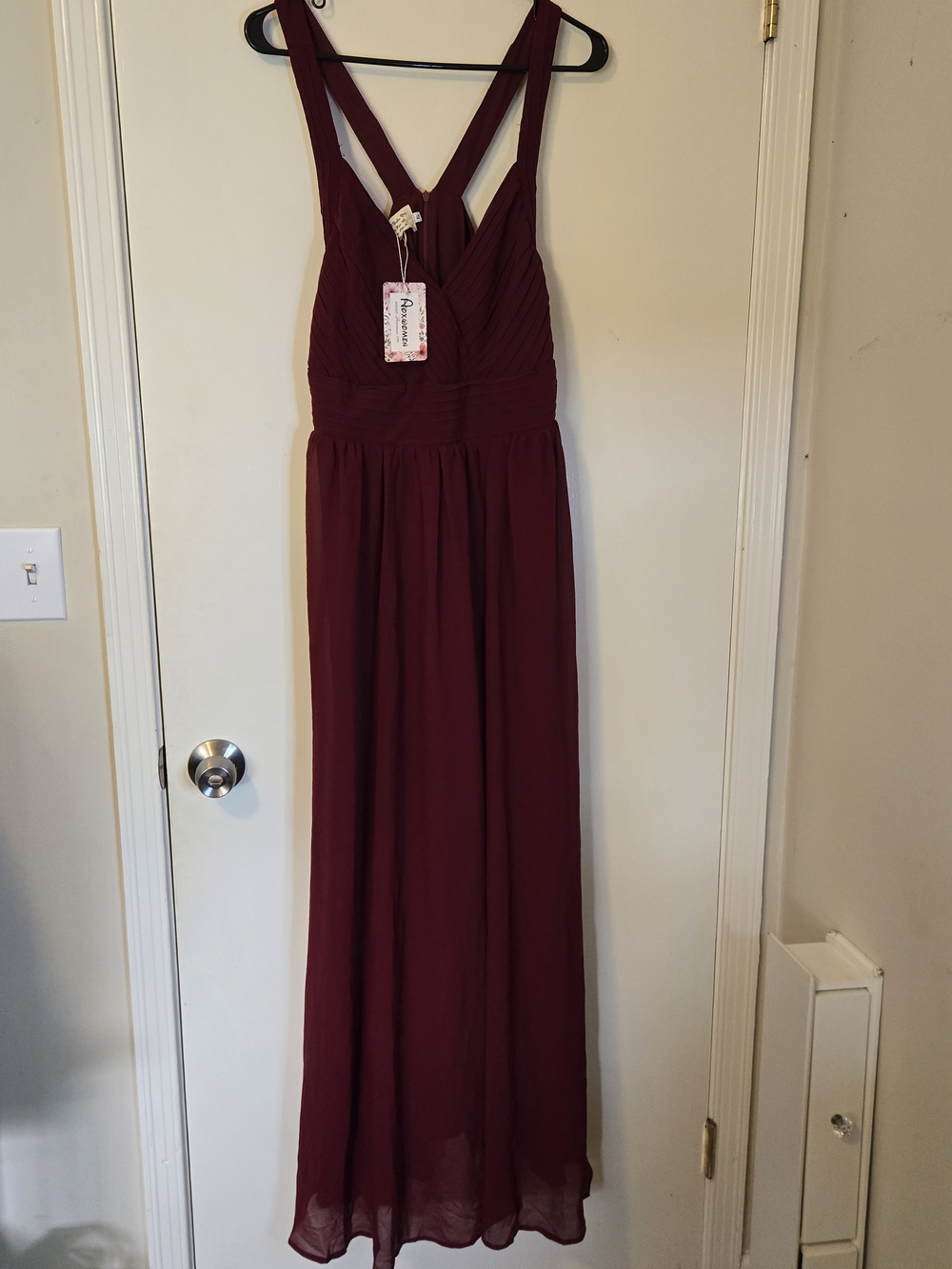 Cross-Back Burgundy Chiffon Maxi Dress